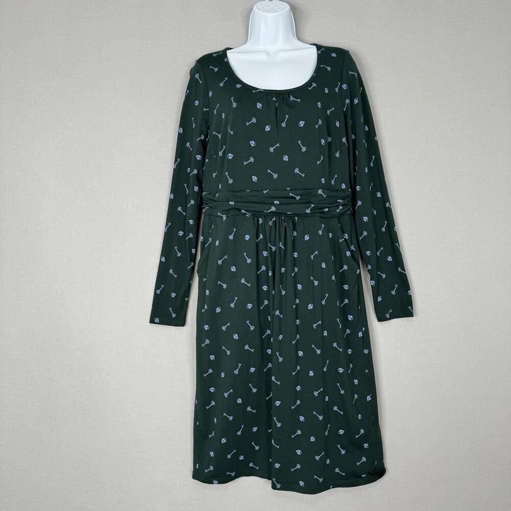 Boden Womens Dress 12 Long Green Mabel Lock & Key Print Retro Funky Artsy Travel